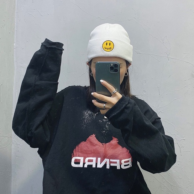 Mũ Len Thêu Hình Mặt Cười Phong Cách Hip Hop Đường Phố
