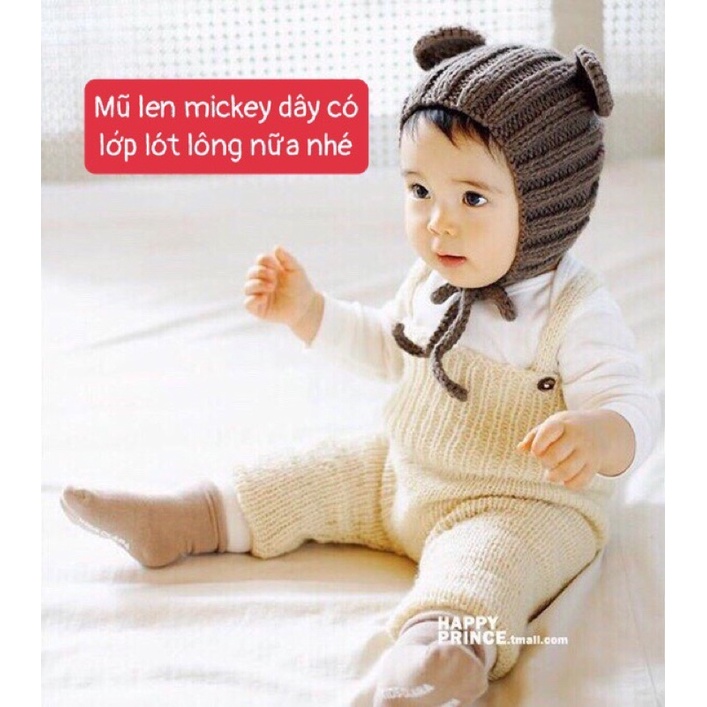 Mũ len micky dây - thêm lớp lót lông dày cho bé