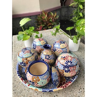 Bộ 1 khây 5 hũ gia vị hoặc đựng bánh mứt gốm Bách Hoa Bình Dương_ tặng 1 lọ hoa mini