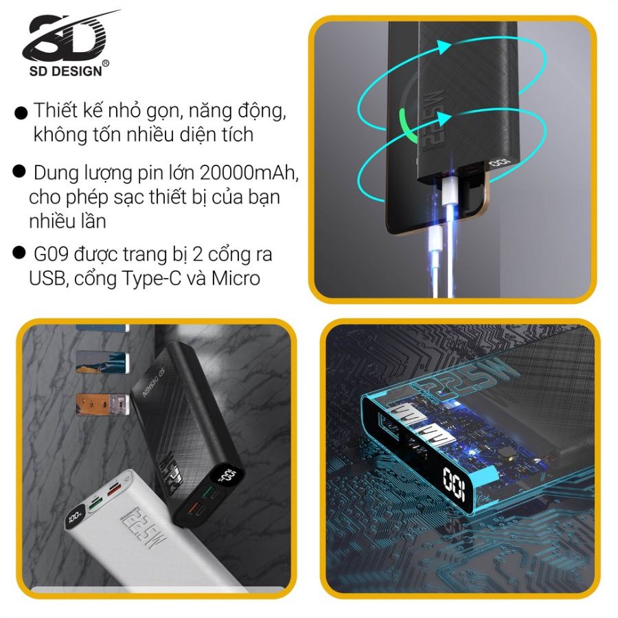 Sạc dự phòng 20000mAh sạc nhanh 22,5W chính hãng SD G09 chuẩn PD QC 3.0 VOOC