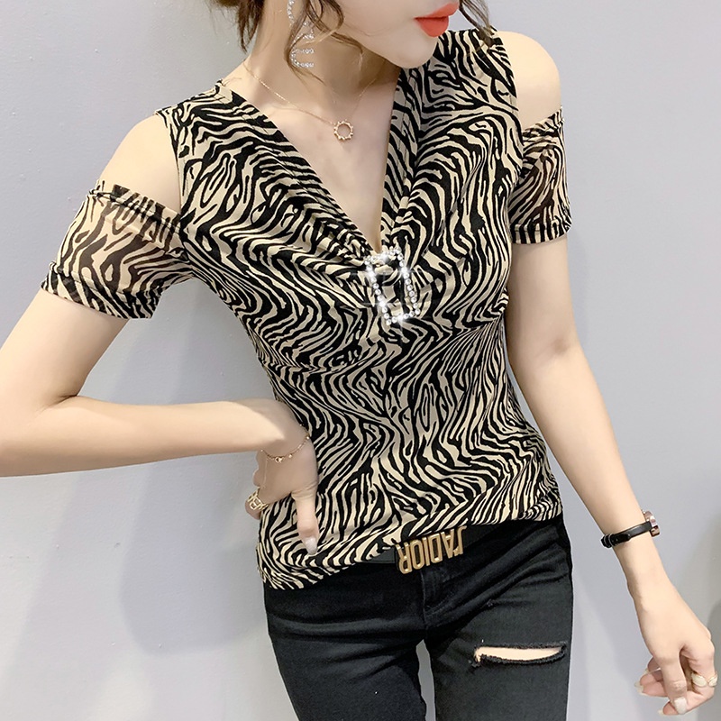 áo lưới nữ áo kiểu trễ vai Cổ Chữ V Phối Lưới In Họa Tiết Da Báo