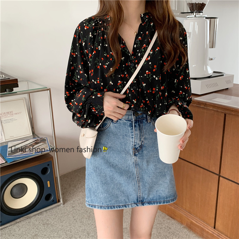 Áo sơ mi vải voan tay dài dễ thương phong cách retro cho nữ