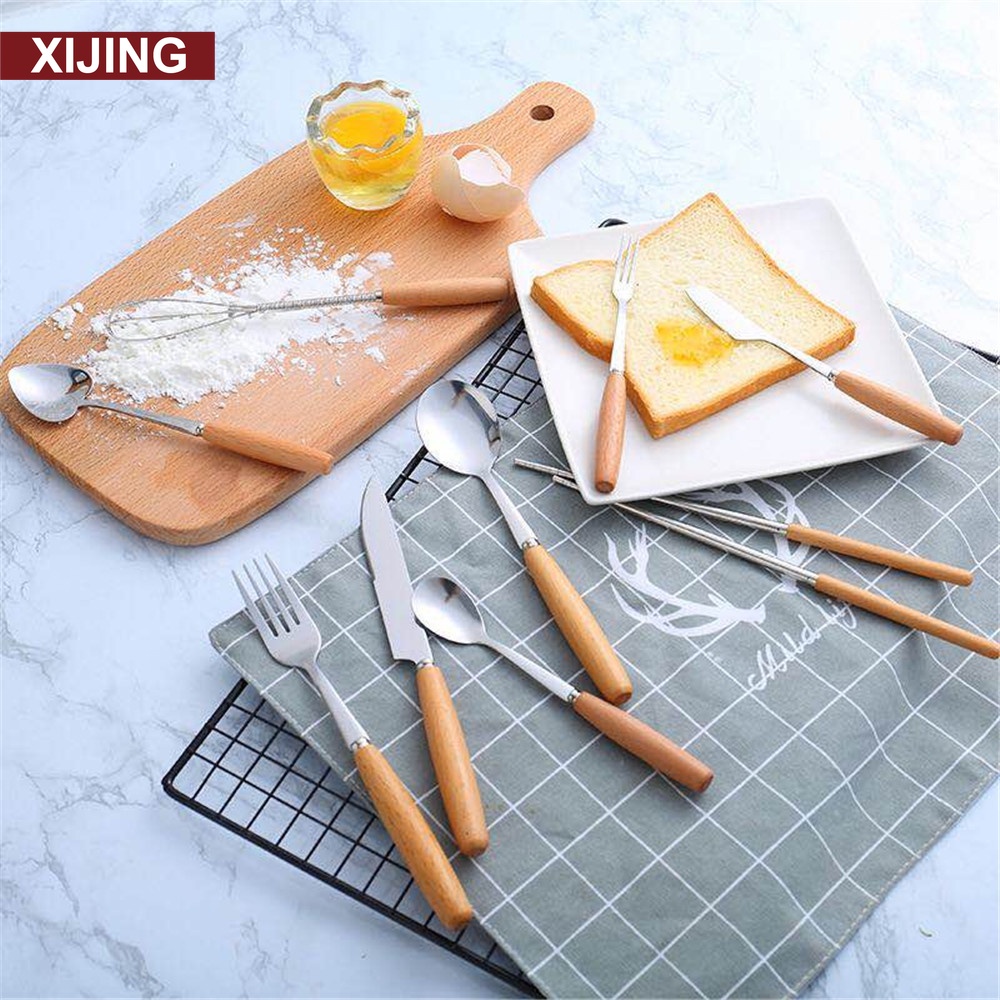 Muỗng/ nĩa/ đũa bằng thép không gỉ cán gỗ phong cách Nhật Bản