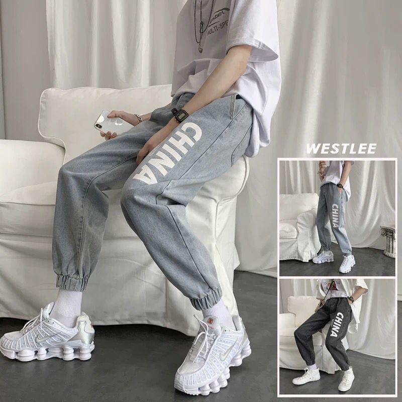 Fashion men's drawstring jeans summer brand thin trousers cut trend Hong Kong style wild harem pants male Korean version loose