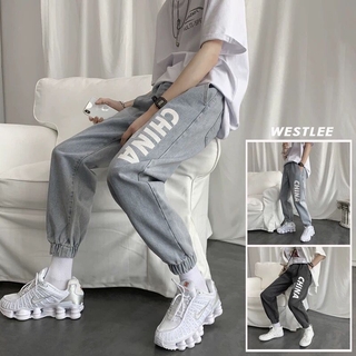 Fashion men's drawstring jeans summer brand thin trousers cut trend Hong Kong style wild harem pants male Korean version loose