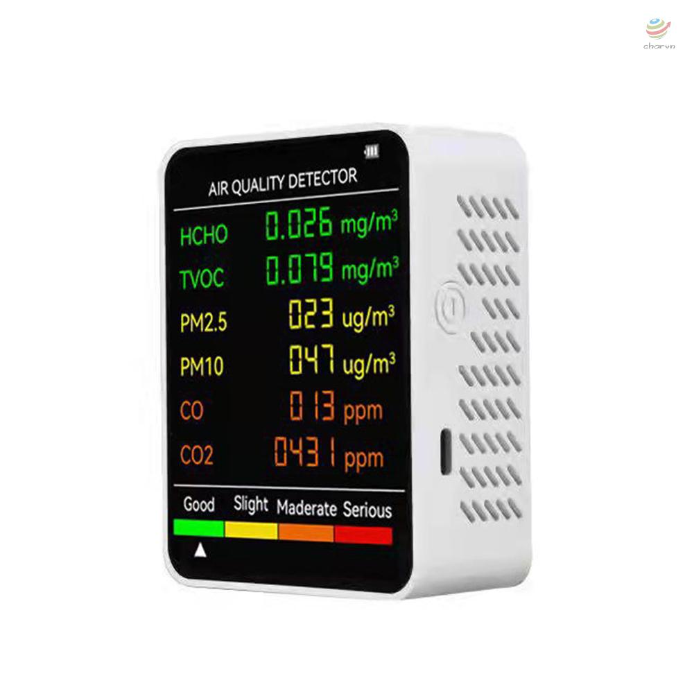 Máy Kiểm Tra Chất Lượng Không Khí CO2 6 Trong 1 PM2.5 PM10 HCHO TVOC CO2 Màn Hình LCD Đa Năng Để Bàn Văn Phòng / Khách Sạn
