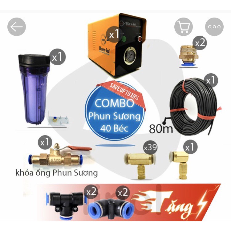 Bộ hệ thống phun sương làm mát  30-50 đầu phun kèm máy bơm và đầy đủ phụ kiện