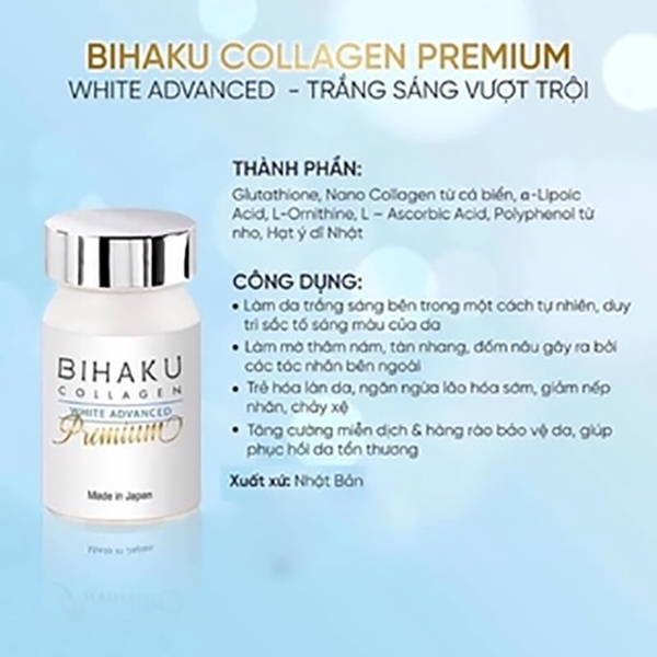 Viên uống Bihaku Collagen Premium white advanced 30 viên trắng da và ngăn lão hóa - Bác Sĩ Nghĩa