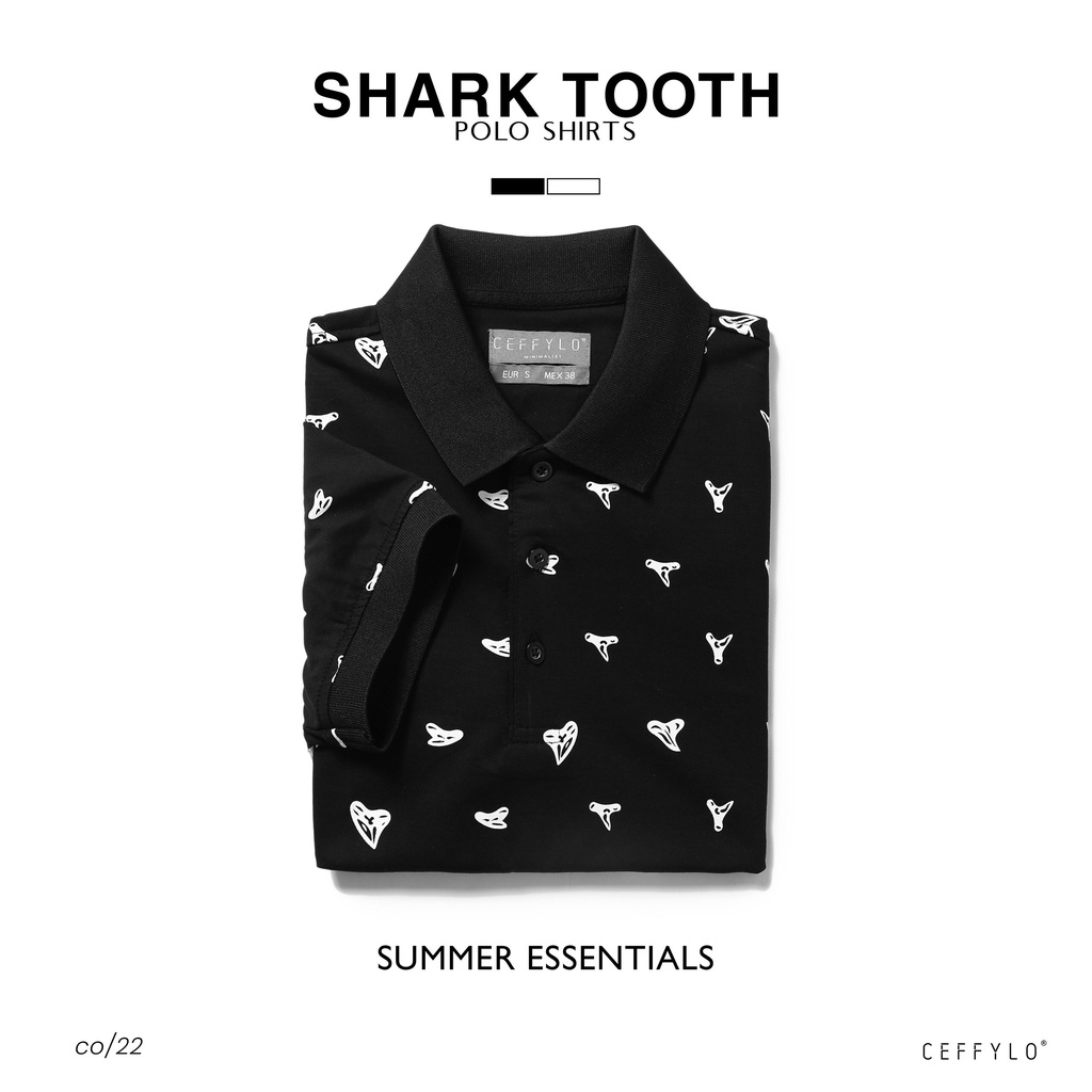 Áo Polo Họa Tiết In Tràn  SHARK TOOTH Màu Đen, Vải Cotton Mềm Mịn, Co Giãn, Thoáng Khí - CEFFYLO