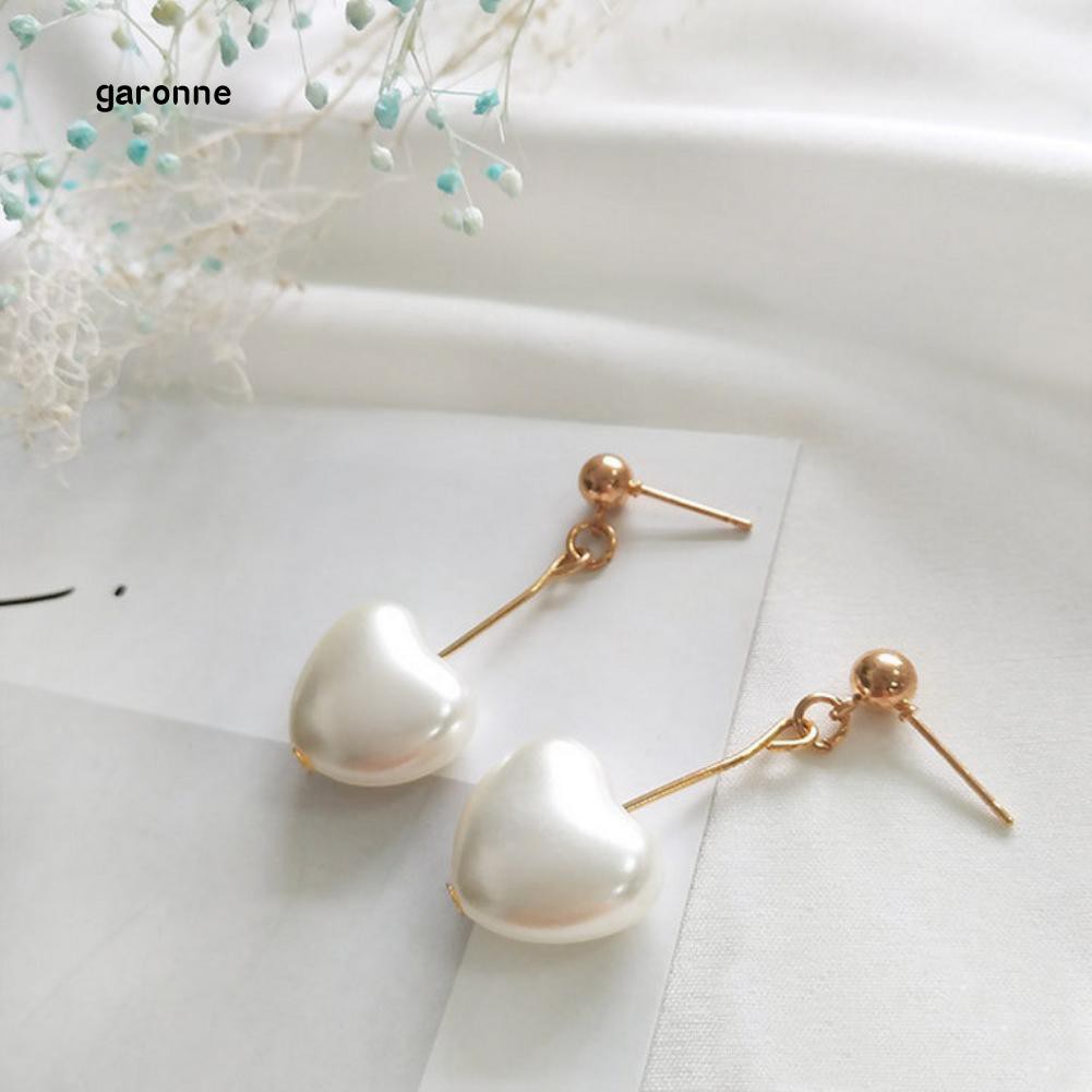 Đôi bông tai dáng dài đính ngọc trai nhân tạo hình trái tim xinh xắn dễ thương cho nữ