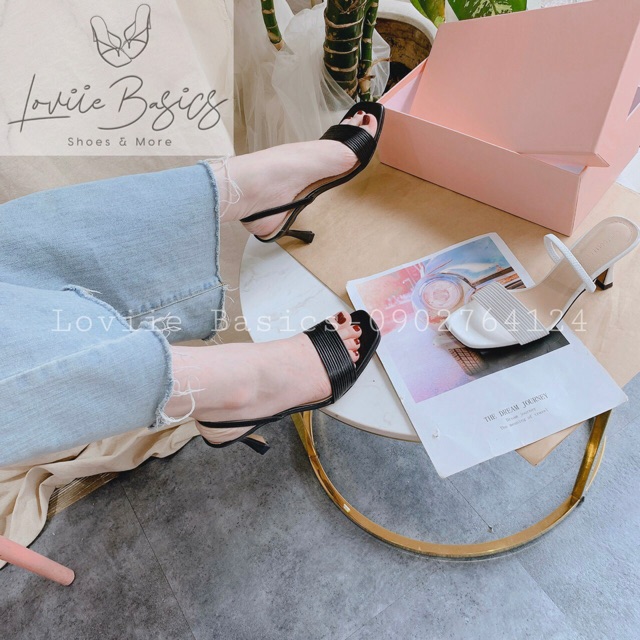 LOVIIE BASICS - GIÀY SANDAL CAO GÓT 7P NỮ QUAI MẢNH - SANDAL CAO GÓT QUAI NGANG DÂY 7P GÓT NHỌN - ĐEN TRẮNG  - G200728