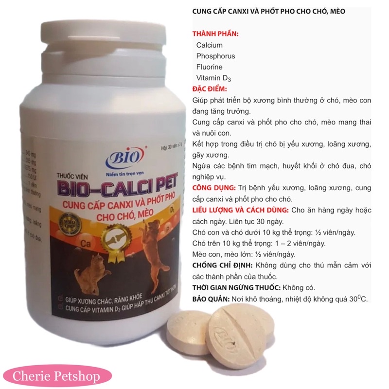 Viên Bio-Calci Pet - cung cấp Canxi và Phốt pho cho chó mèo (Hủ 30 viên)