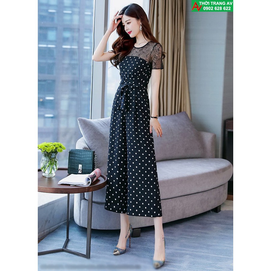 Jumpsuit - Đồ bay lửng ống rộng phối ren thắt nơ eo cực xinh - AV5947