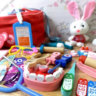 Đồ chơi bác sĩ gỗ, đồ chơi nha khoa có túi vải cho bé