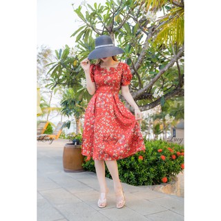 Đầm Valencia vân pháp 2661 Váy Lucy lụa hoạ tiết giá tốt