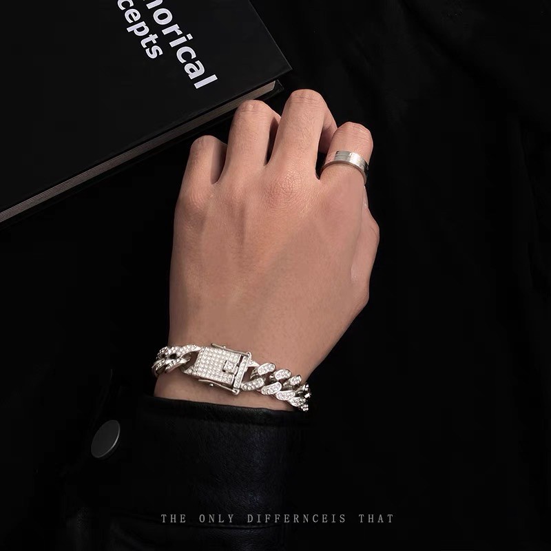 Vòng tay đính đá lấp lánh Cuban Chain Nam Nữ titan không gỉ 18cm Kèm Hộp