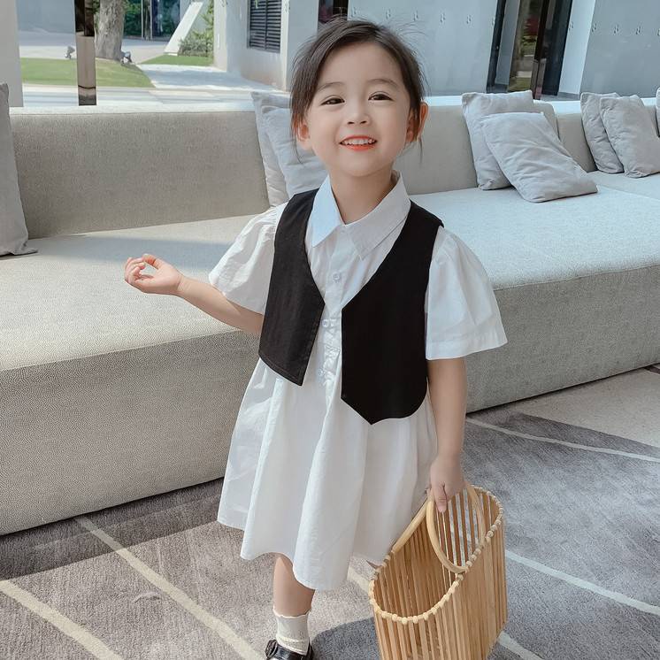 ►♝Set 2 Món Áo Vest Tay Ngắn Và Đầm Sơ Mi Xinh Xắn Cho Bé Gái 1-11 Tuổi