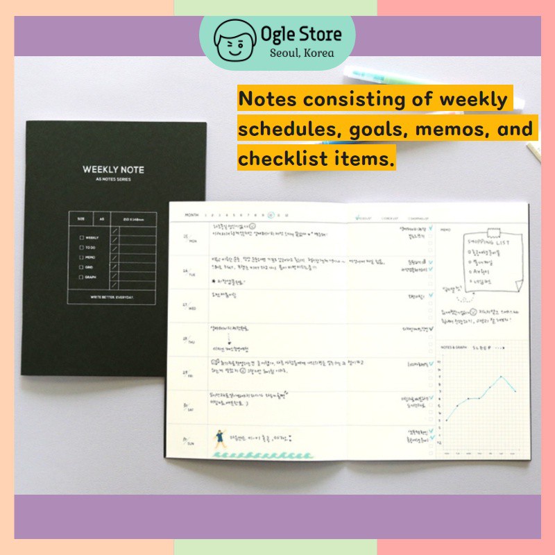 Korean Slim A5 Note Series Daily Weekly Line Grid Section Monthly Note Korean Notebook Planner Scheduler Oglestore