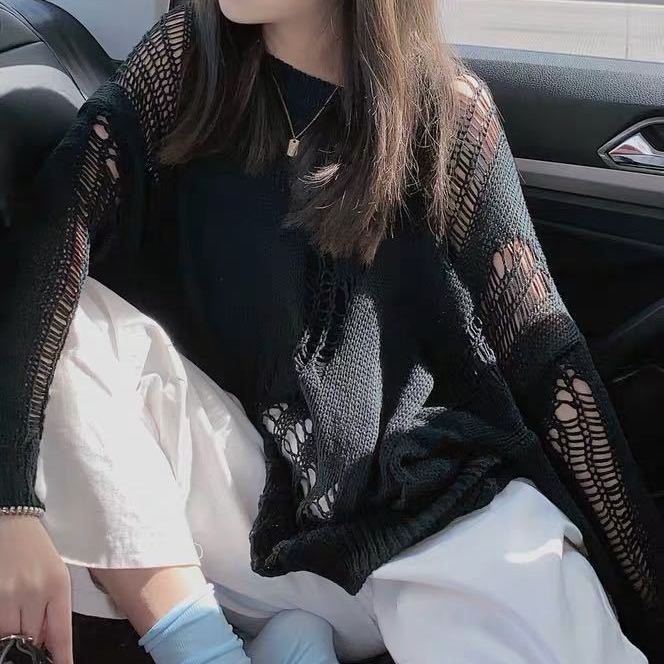 Jiashucheng Áo Sweater Dệt Kim Mỏng Tay Dài Dáng Rộng Rách Lỗ Phong Cách Mới Cho Nữ