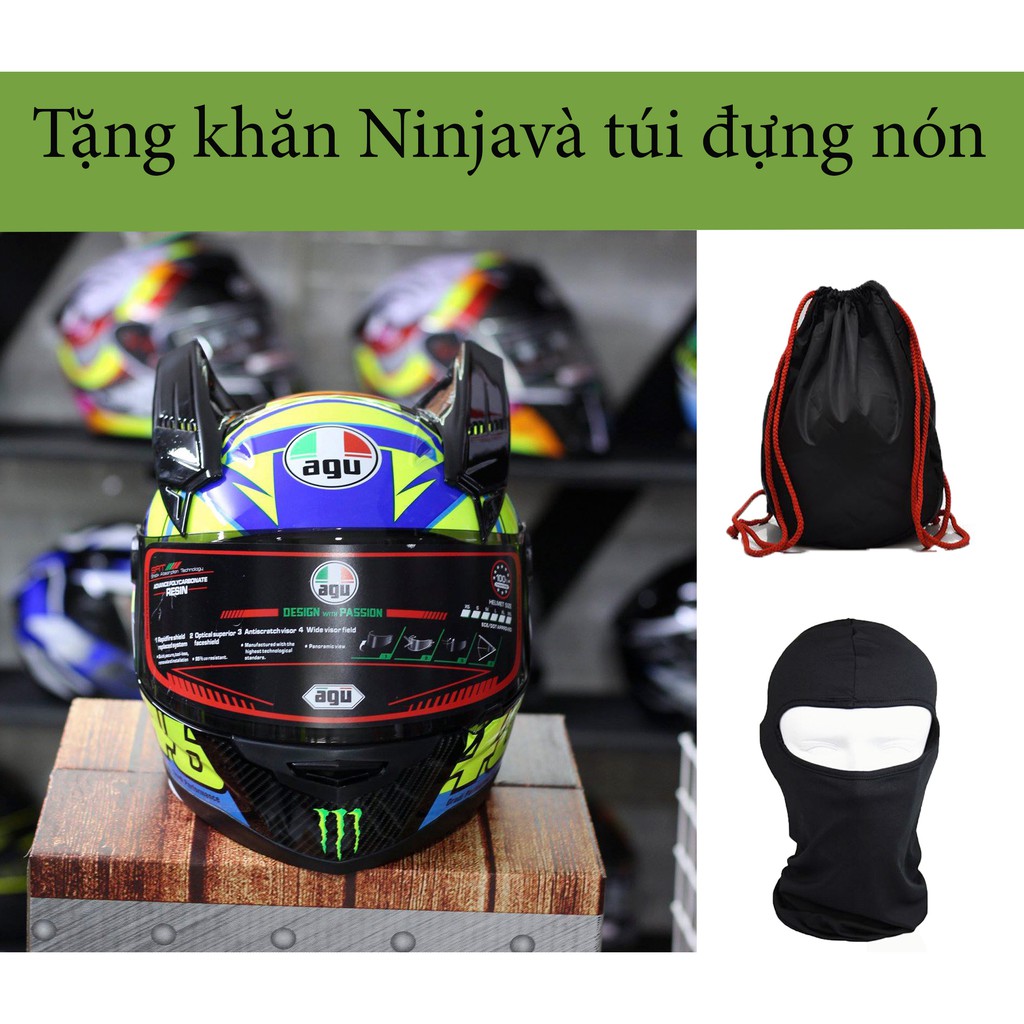 Nón Fullface AGU Đa sắc và tai rùa, tặng Khăn Ninja và túi đựng nón