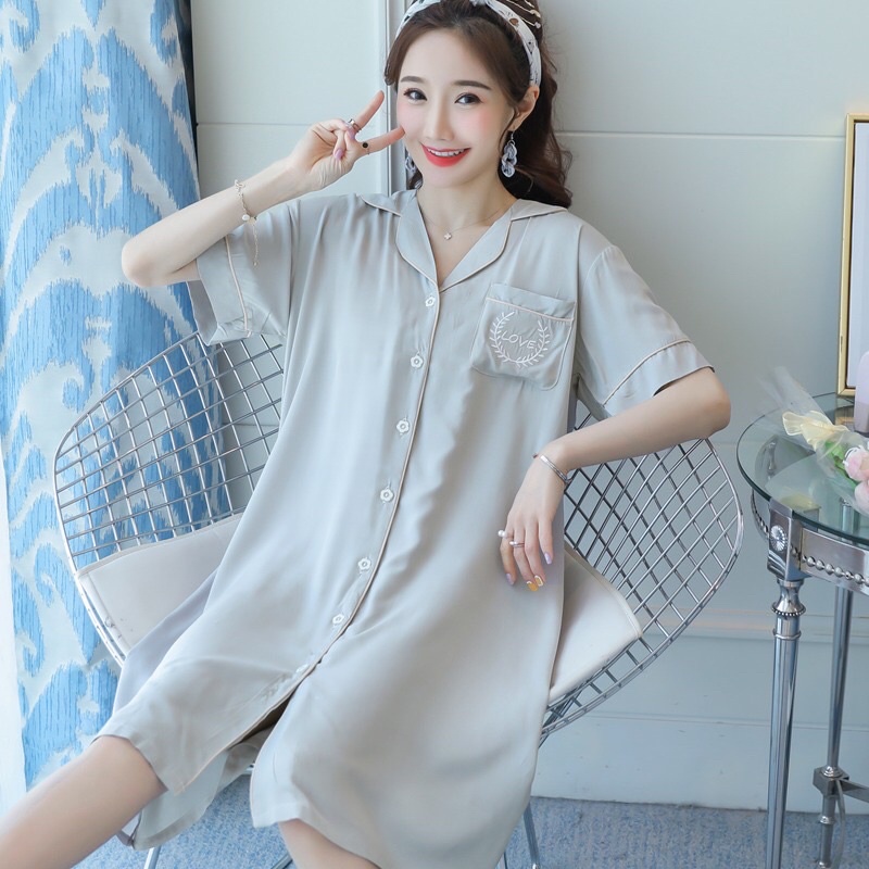 Váy sơ mi lanh lụa siêu mềm mát, váy ngủ mặc nhà trang nhã