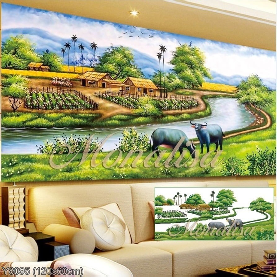 Tranh đính đá Con trâu trên đồng cỏ (Y8095) 💥 kích thước 120*60 cm 📌