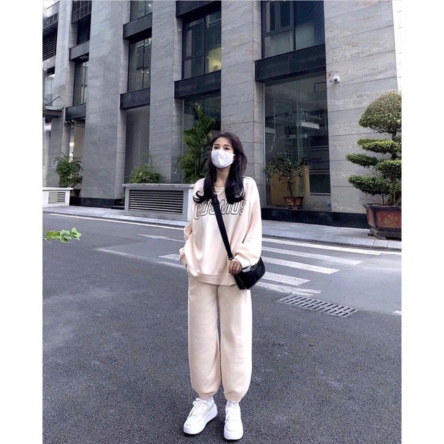 Set quần Jogger nữ ống rộng + Áo nỉ Cosmos - Ba màu Trắng/ Đen/ Ghi xám - Vải len tăm Oversize - Vitalita.cloth | BigBuy360 - bigbuy360.vn