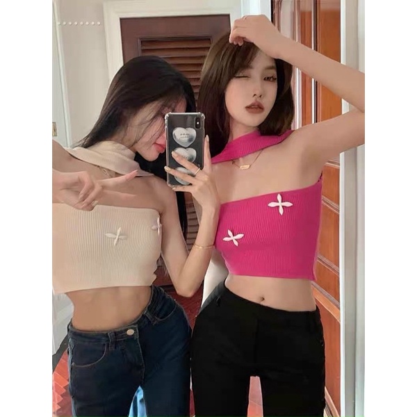 Áo len quây ngang cổ yếm đính hoa nổi mặc được nhiều kiểu croptop A080