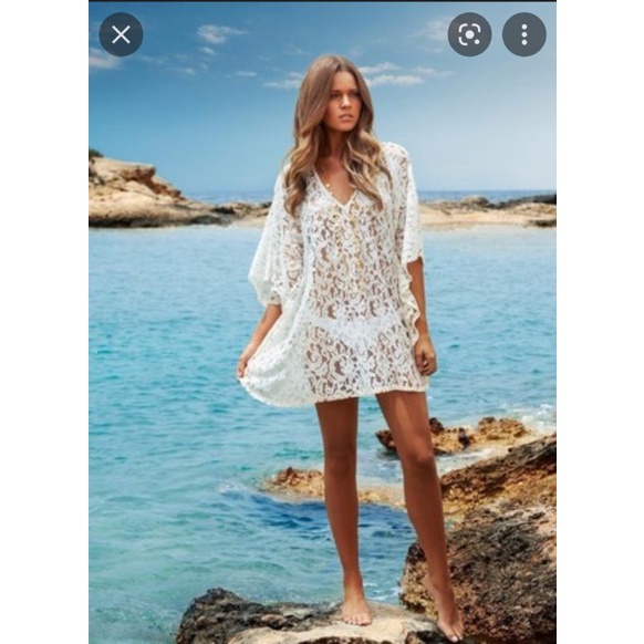 Đầm ren lưới xuyên thấu mặc ngoài bikini VNXK đầm viền bèo đuôi cá tay dài đi biển xuất khẩu dư xịn
