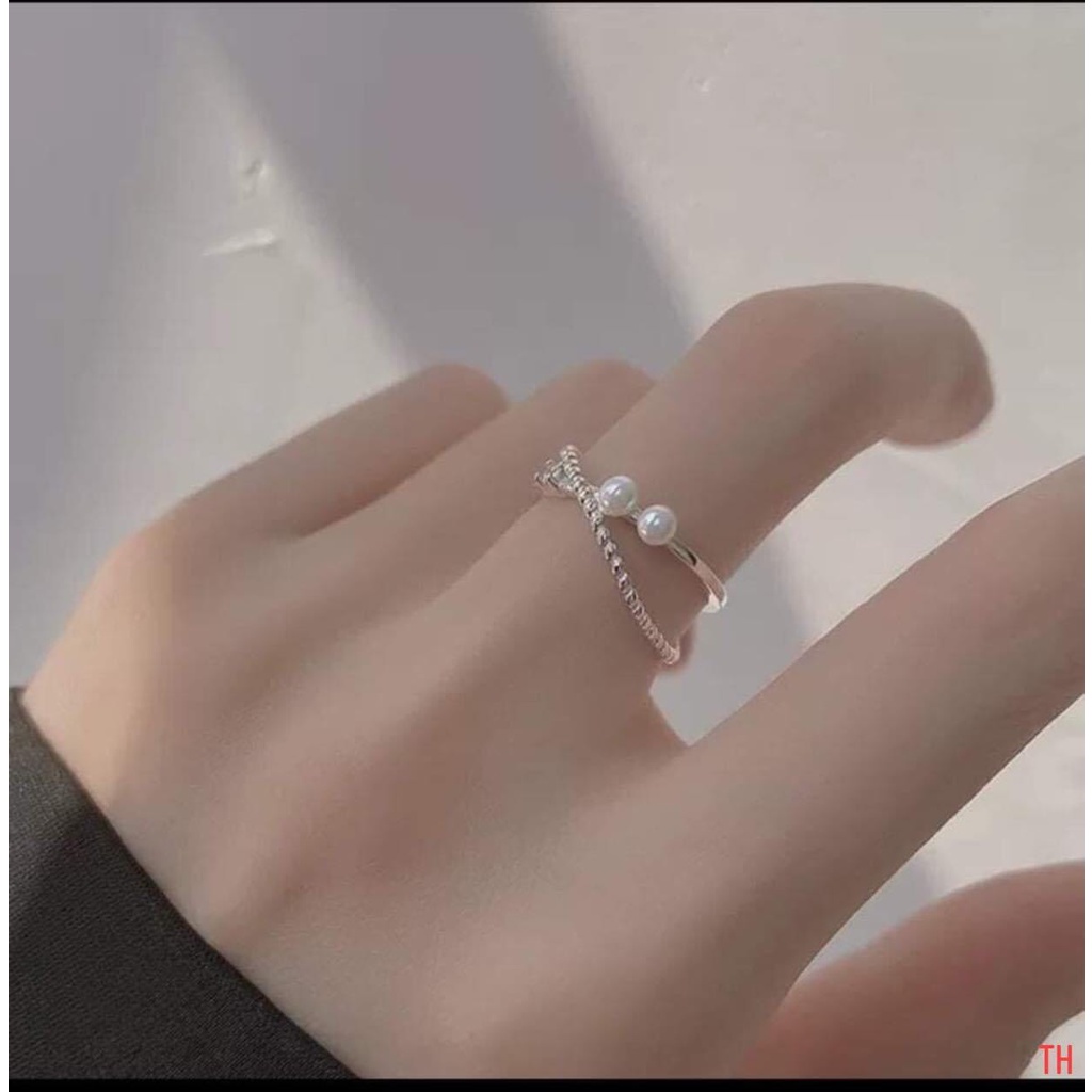 Nhẫn bạc nữ kiểu xoắn đính hạt trai nhân tạo, Nhẫn hở free size - Trang sức bạc Evasilver