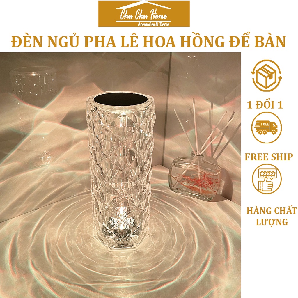 Đèn ngủ pha lê để bàn rgb điều khiển từ xa 16 màu, cảm biến lãng mạn chiếu hoa hồng