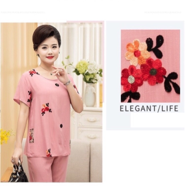 Bộ lanh thêu hoa trung niên cực mát