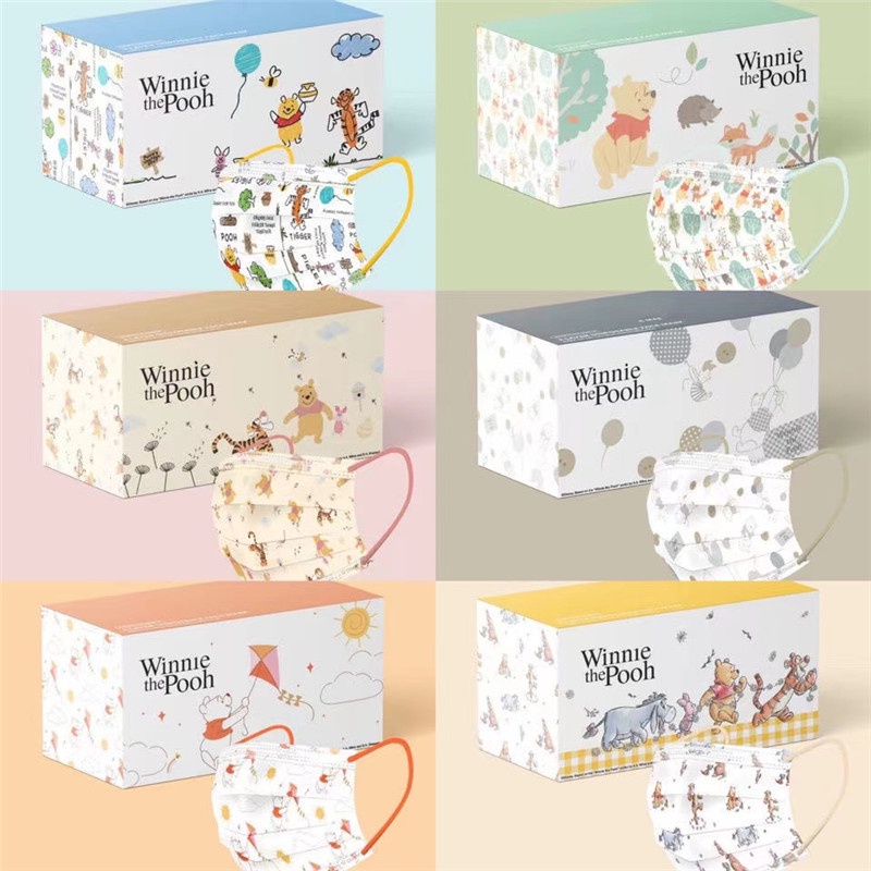 Set 20/50 Khẩu Trang 3 Lớp Vải Không Dệt Thoáng Khí Họa Tiết Gấu Pooh Hoạt Hình Đáng Yêu Dùng Một Lần Cho Người Lớn