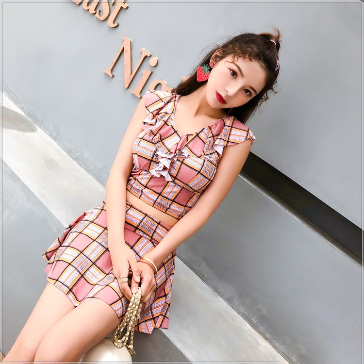 Đồ Bơi Đi Biển Nữ Mùa Hè Hai Mảnh Kẻ Caro Quần Váy Cạp Cao | BigBuy360 - bigbuy360.vn