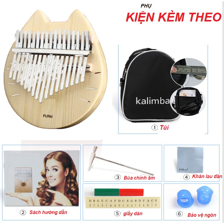 Đàn kalimba trong suốt 17 phím PURM-NEKO M17 Phụ kiện búa chỉnh stick nốt stick màu khăn lau túi chống sốc