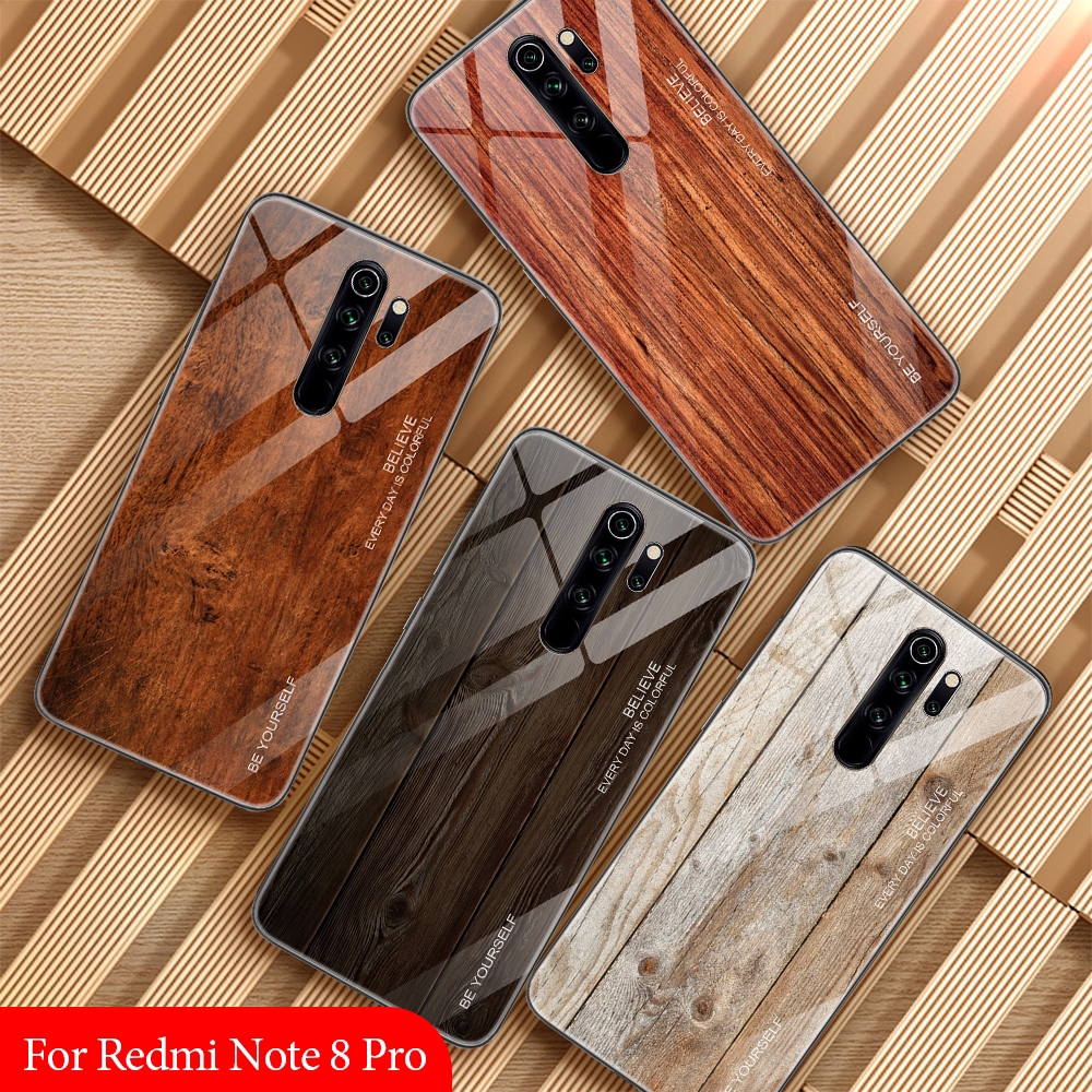 Ốp điện thoại kính cường lực vân gỗ cho Xiaomi Redmi Note 8 7 6 5 K20 Pro