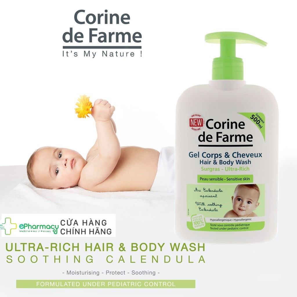 Gel tắm gội cho bé Corine De Farme Hair & Body Wash