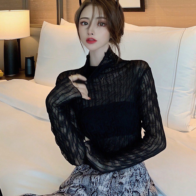 Áo tay dài thiết kế ren hoa cổ lọ hợp thời trang | BigBuy360 - bigbuy360.vn