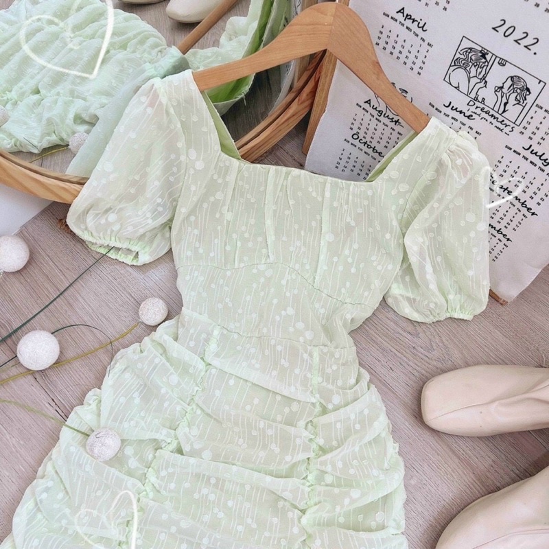 ❤️Đầm xanh nhún thân kèm hình thật