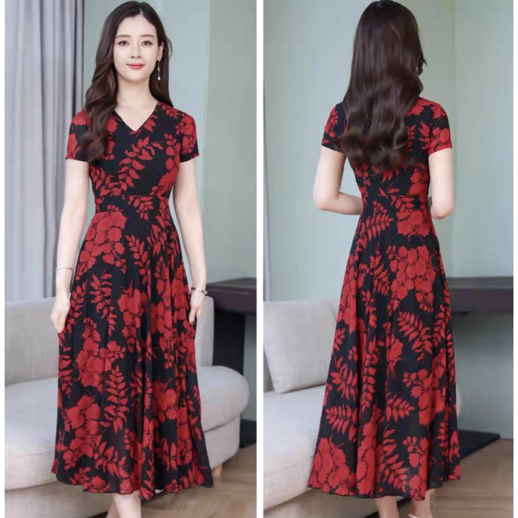 Váy đầm trung niên nữ cho mẹ hoạ tiết dáng dài