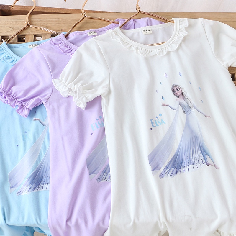 Bộ Đồ Ngủ Cotton Ngắn Tay Họa Tiết Công Chúa Elsa/Nàng Tiên Cá Dành Cho Bé Gái-KAD