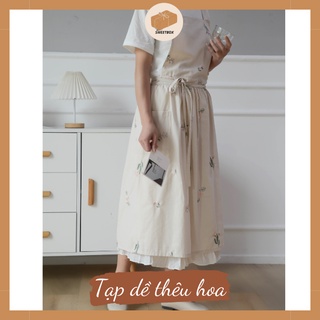 Tạp Dề Vải Linen Thêu Hoa Phong Cách Hàn Quốc Vintage