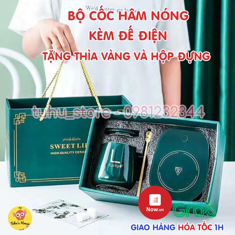 Bộ Cốc kèm đế hâm nóng giữ nhiệt và thìa mạ vàng, Đế hâm nóng cafe, sữa, trà, Hâm nóng được trên mọi chất liệu