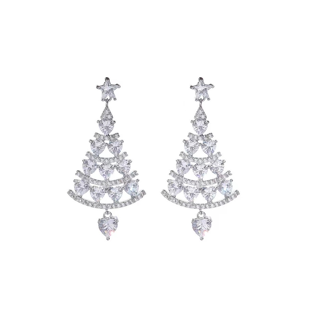 Bông Tai Mạ Bạc 925 Hình Cây Thông Giáng Sinh Xoay Được Đính Đá Zircon Lấp Lánh Trang Sức Cho Nữ