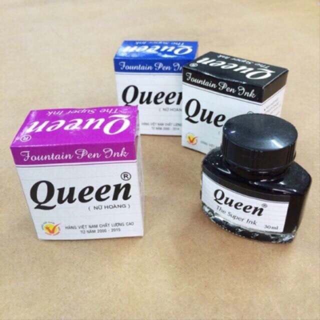 1 lọ mực Queen viết bút máy có 3 loại mực: tím -xanh-đen