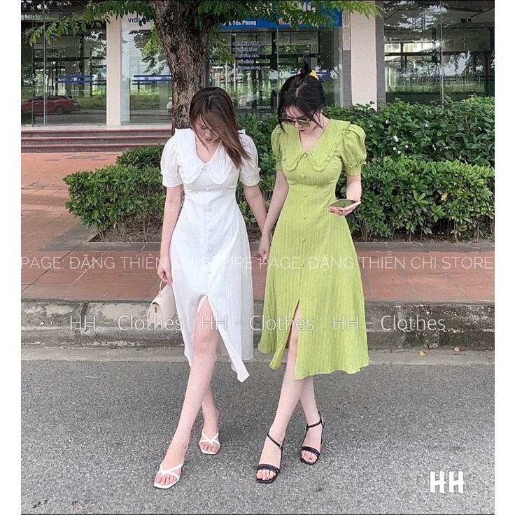 Đầm lụa HÀN QUỐC xẻ tà, đầm tiểu thư mặc đi chơi dáng suông dài cổ bèo đính nút, váy basic dáng suông