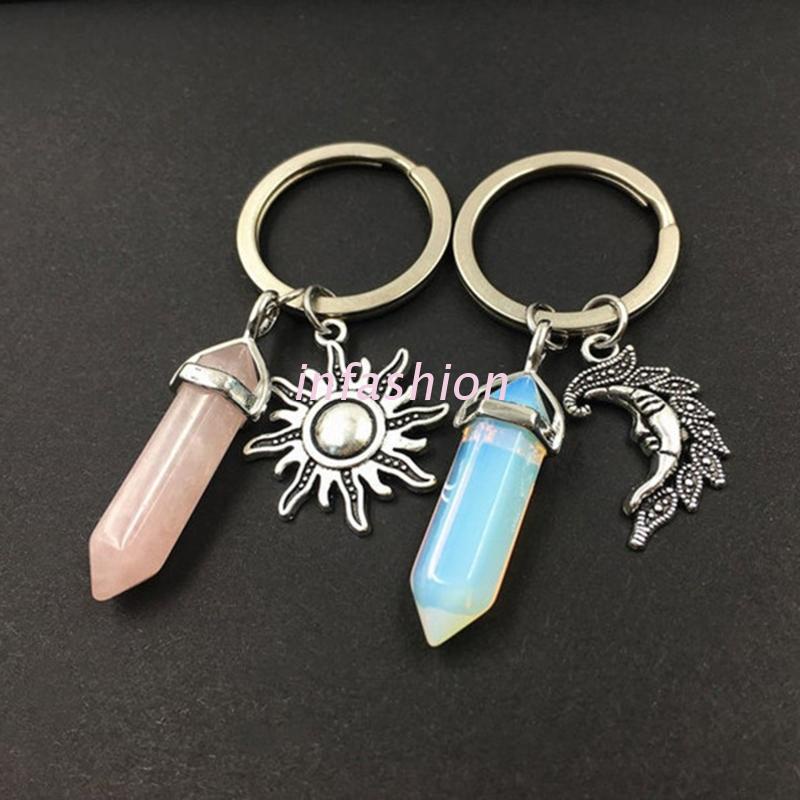 Móc Chìa Khóa Hình Mặt Trăng Và Mặt Trời Bằng Đá Pha Lê Tự Nhiên Phong Cách Cổ Điển Dành Cho Cặp Đôi