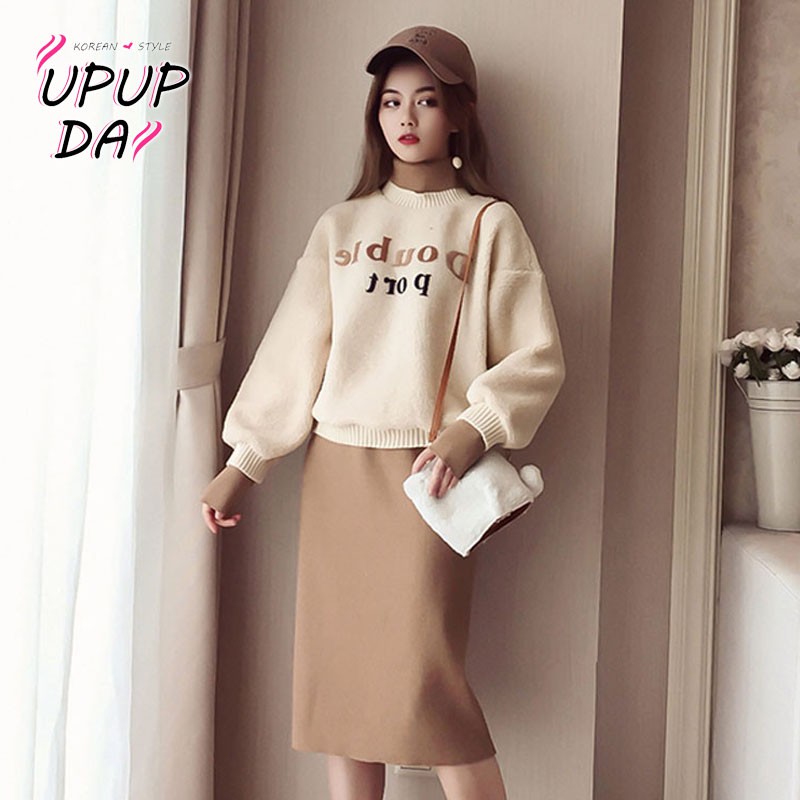 Phiên Bản Hàn Quốc S-XL👗👗Bộ Đồ Hàn Quốc Chính Hãng📣📣Bộ Áo Len Lông Cừu Phối Chân Váy Dệt Kim Xẻ Tà Kiểu Phương Tây Thời Trang Thu Đông Cho Nữ