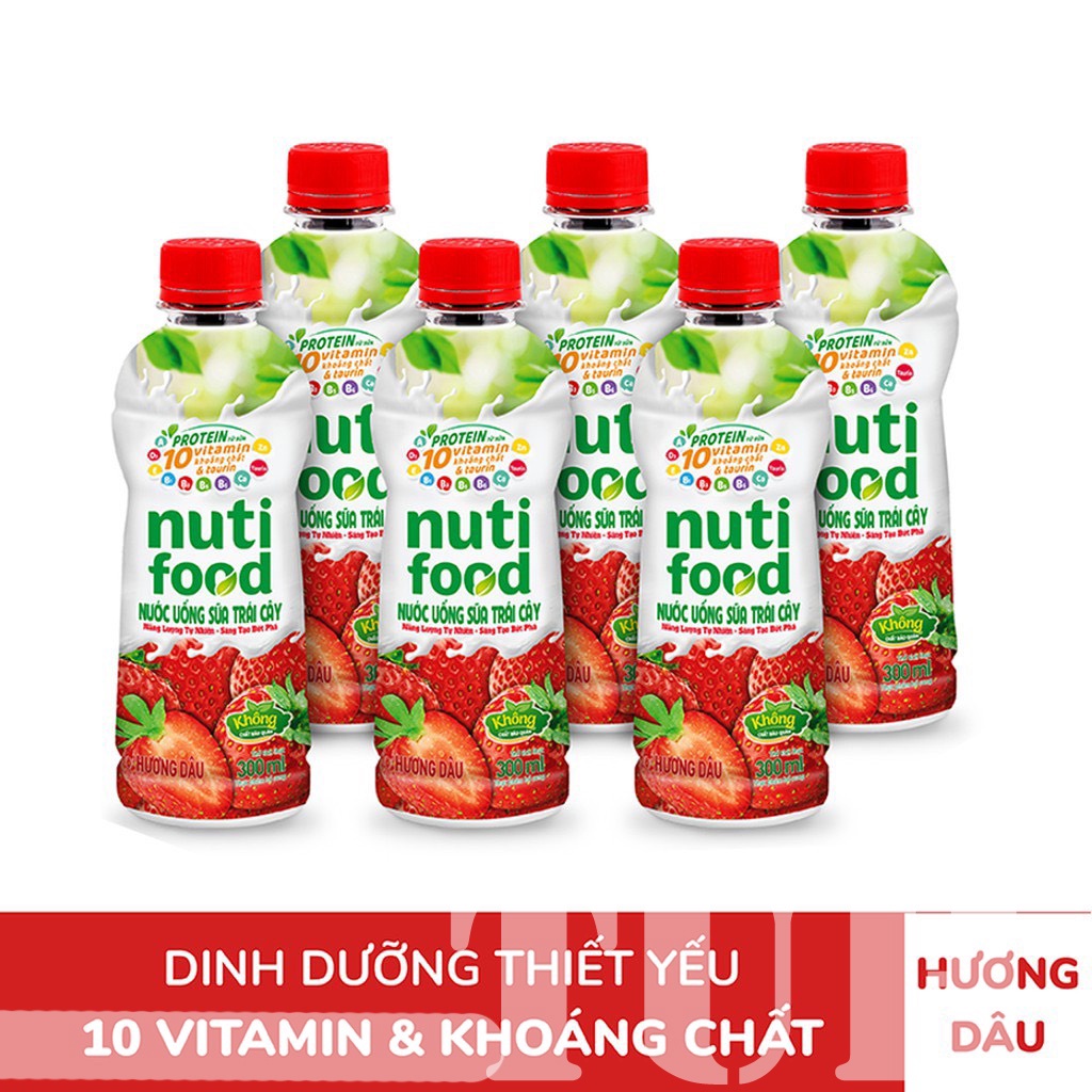 Lốc 6 Chai Nước Uống Sữa Trái Cây NUTIFOOD Vị Dâu Chai 300ml