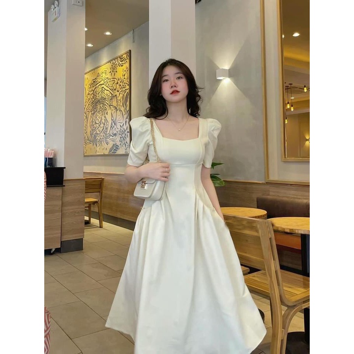 🍀VÁY đầm maxi LI TÚI CỔ VUÔNG 3 MẦU tay bồng ngắn tiểu thư sang chảnh xếp ly dáng dài dự tiệc đám cưới du lịch công sở